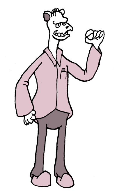 A tall ape man with no hair other than a combover, and a skull like face. He is rubbing his fingers together as if expecting something. He wears a plain gray dress shirt.